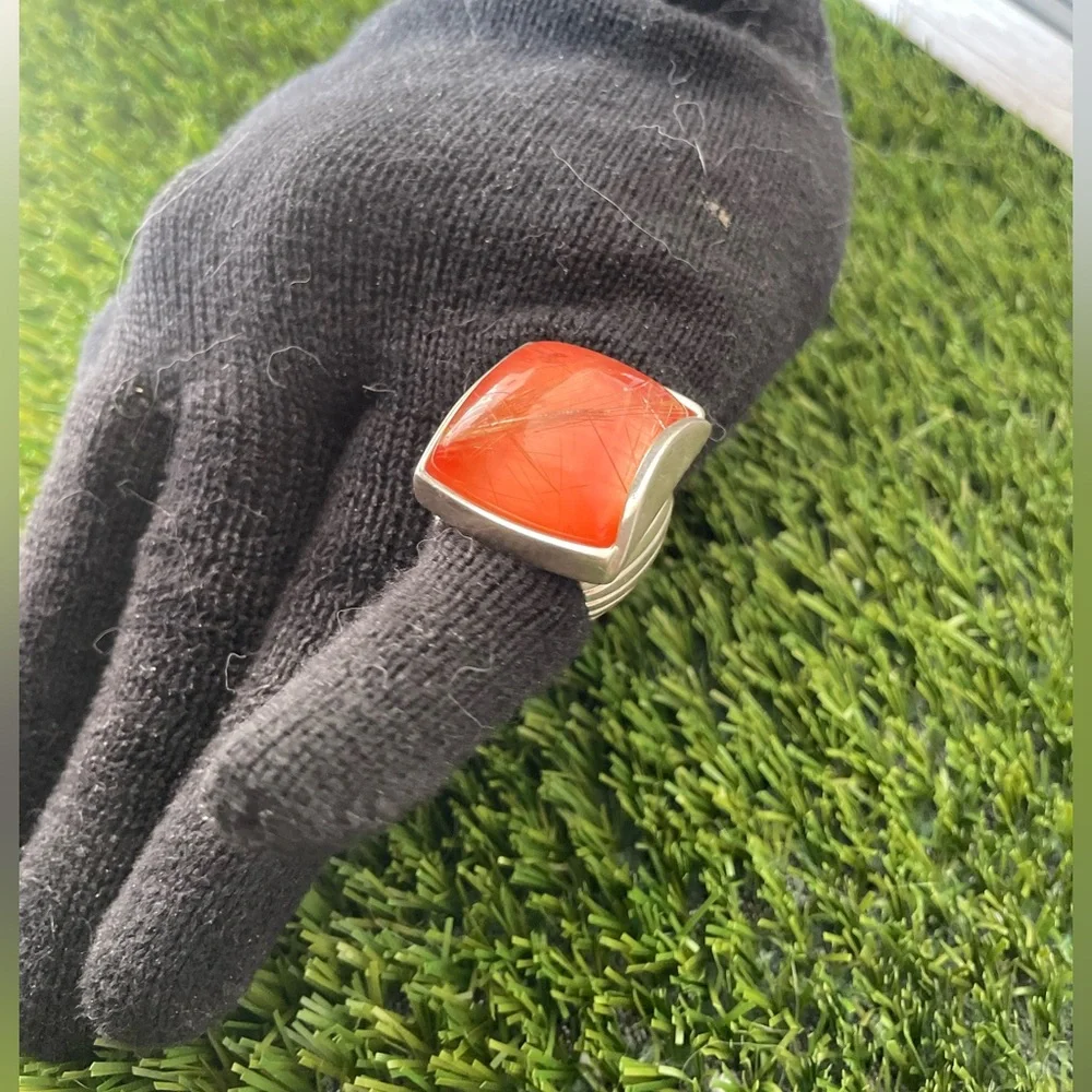 PIANEGONDA RITULATED ORANGE QUARTZ STERLING STEEL RING - Picture 9 of 10